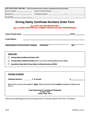 Driving Safety Certificate Numbers Order Form
