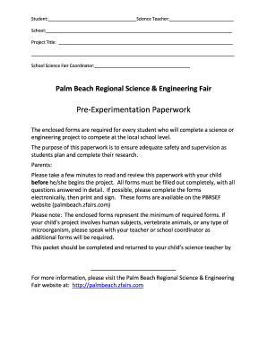Palm Beach Regional Science Fair Pre-Experimentation Paperwork