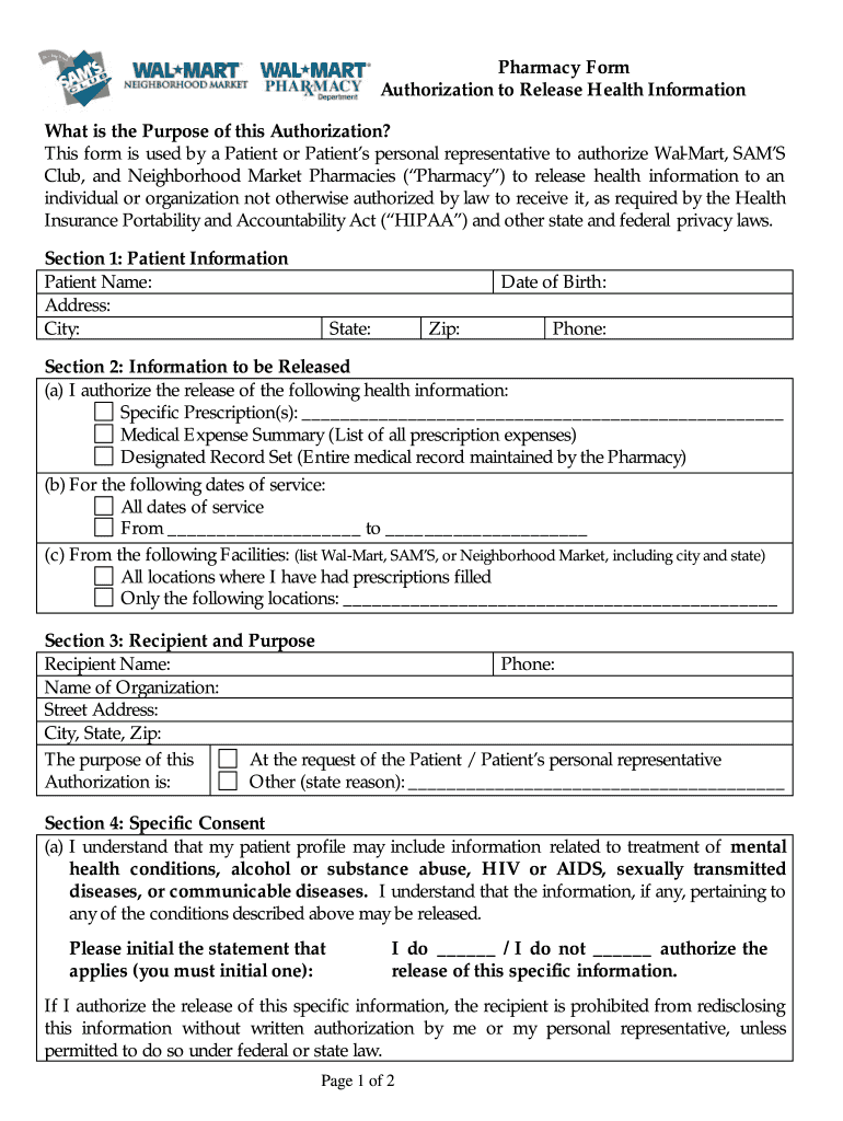 Walmart Pharmacy Form Fill Out Sign Online DocHub