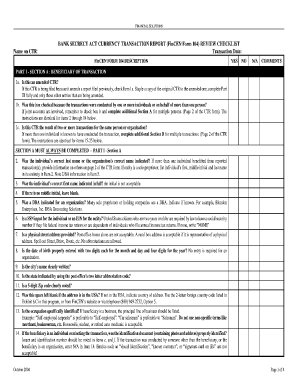 Bank Secrecy Act Currency Transaction Report (FinCEN Form 104) Review Checklist