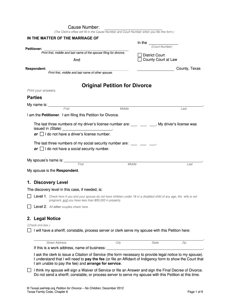 Texas Divorce Petition Fill Online Printable Fillable Blank Pdffiller