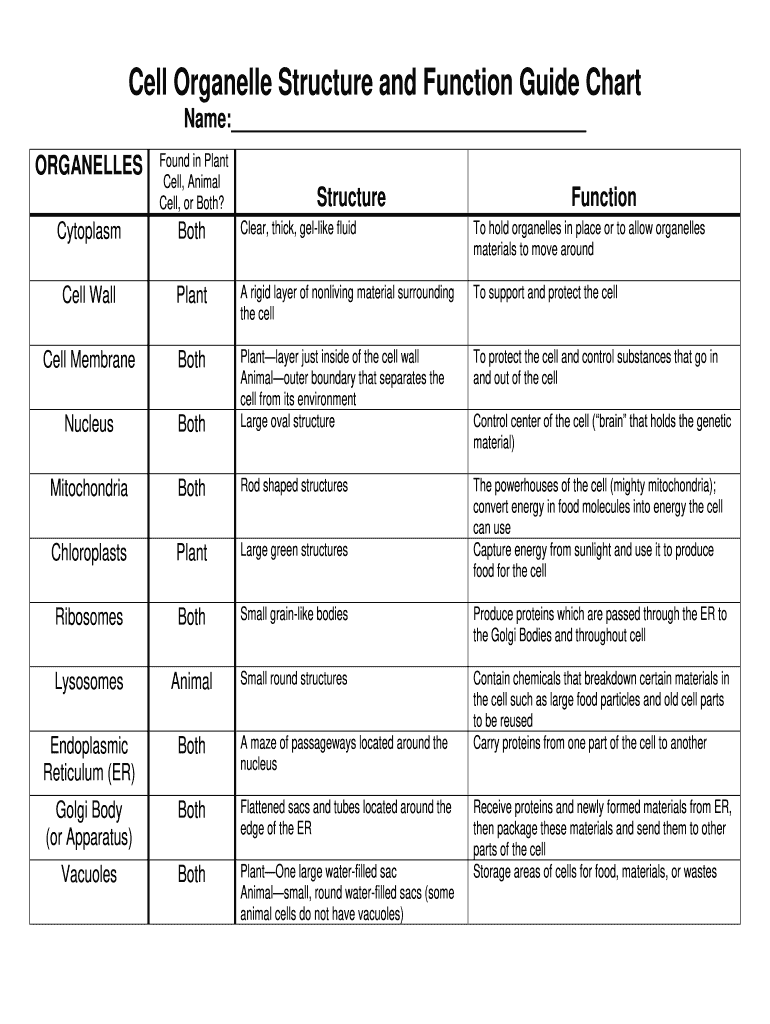 Cell Organelles And Their Functions Chart - Fill Online, Printable Regarding Cells And Their Organelles Worksheet