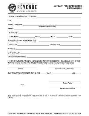 Affidavit for Repossessed Motor Vehicle