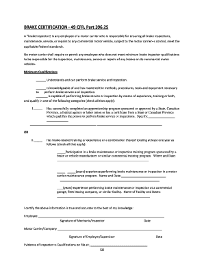 Brake Inspector Certification Form