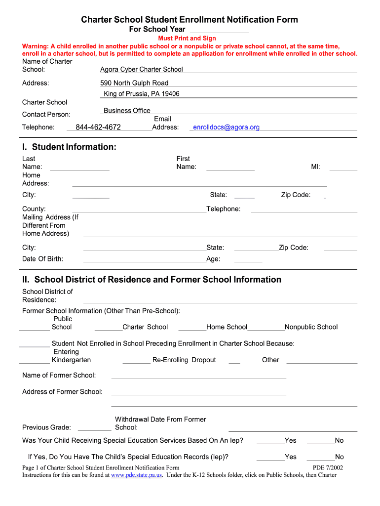 Agora Charter School Enrollment Notification Form 15-16 PN.doc Preview on Page 1