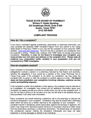Texas Pharmacy Complaint Report Form