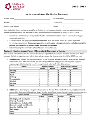 Low Income and Asset Clarification Statement