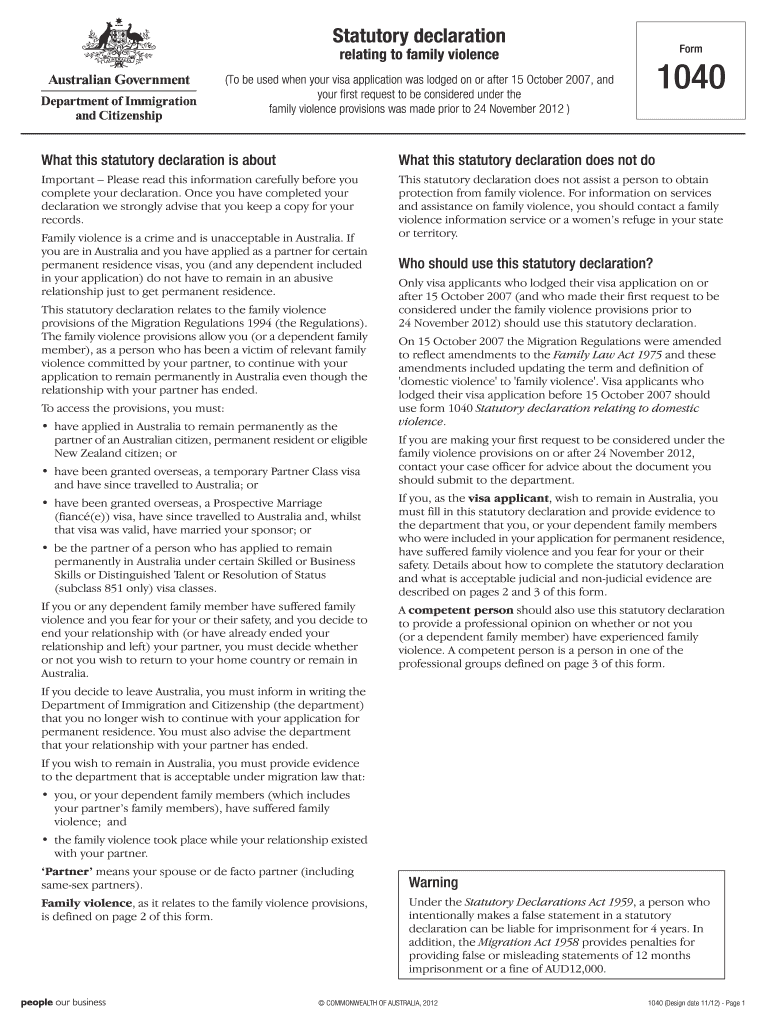 statutory declaration rekating to family violence to be used for visa applications lodged on or after 15 october 2007 form Preview on Page 1