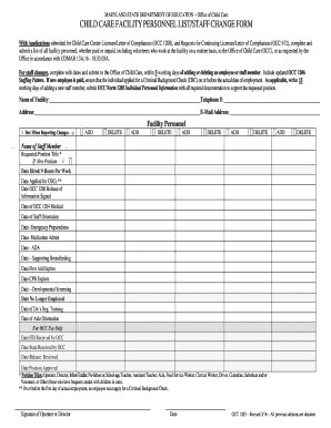 Maryland Child Care Facility Personnel List Form