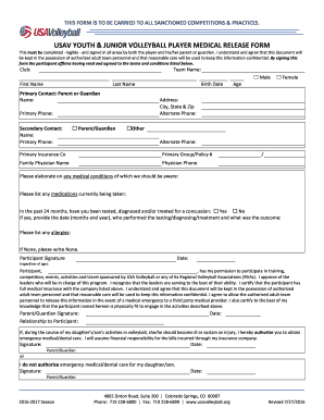 USAV Youth Junior Volleyball Player Medical Release Form