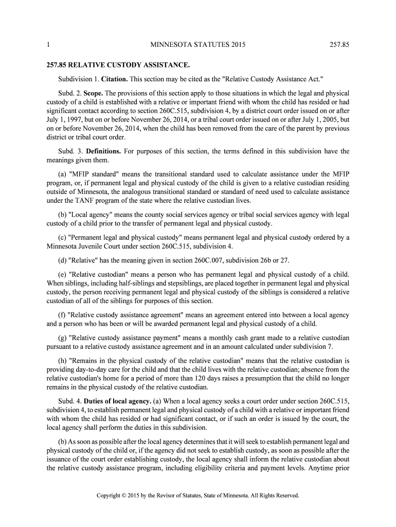 Fillable Online revisor mn 1 MINNESOTA STATUTES 2015 257.85 257.85