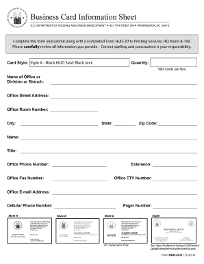 HUD Business Card Information Sheet