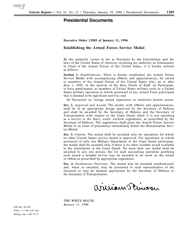 Fillable Online gpo Establishing the Armed Forces Service Medal gpo