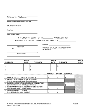 Shared Split Mixed Custody Child Support Worksheet