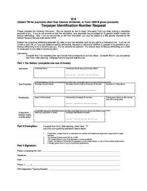 IRS Form W-9 Taxpayer Identification Number Request