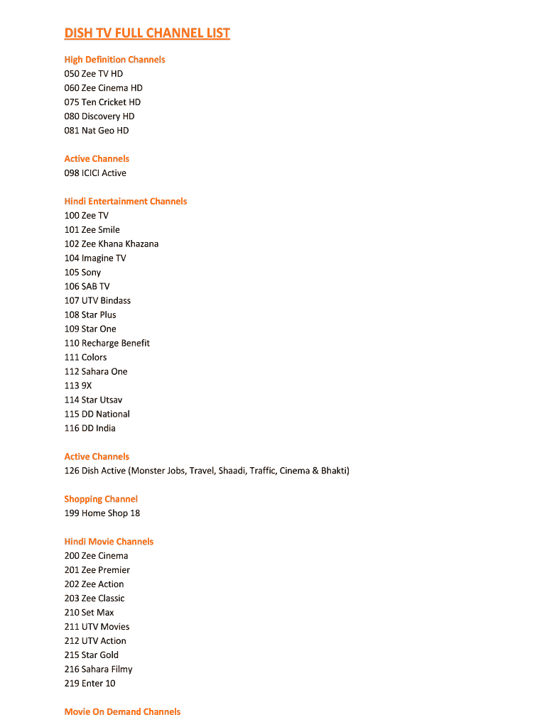 Fillable Online DISH TV FULL CHANNEL LIST Fax Email Print - pdfFiller