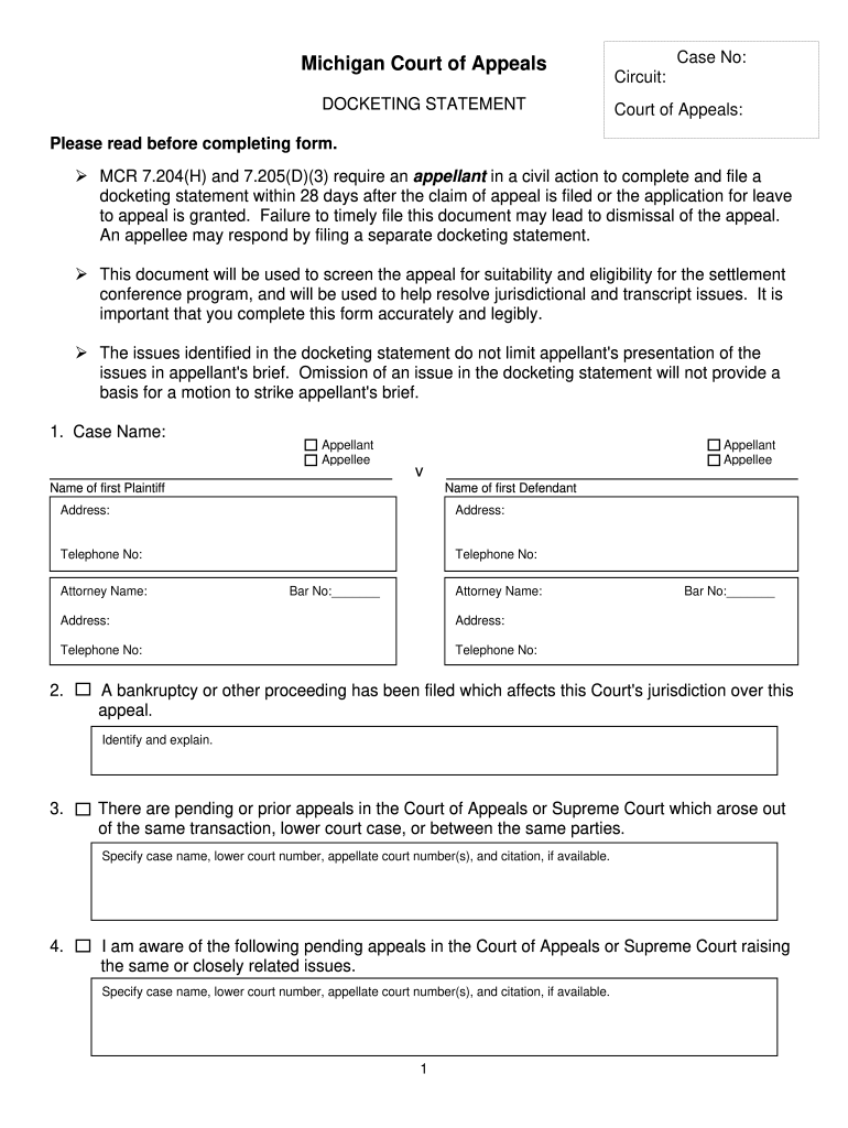 Michigan Court Of Appeals Docketing Statement Fill Online Printable 