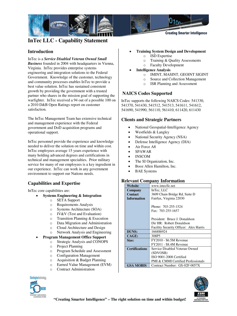 InTec LLC Capability Statement - Fill and Sign Printable Template Throughout Capability Statement Template Word