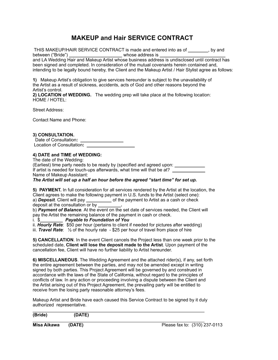 Makeup Artist Contract Template Form