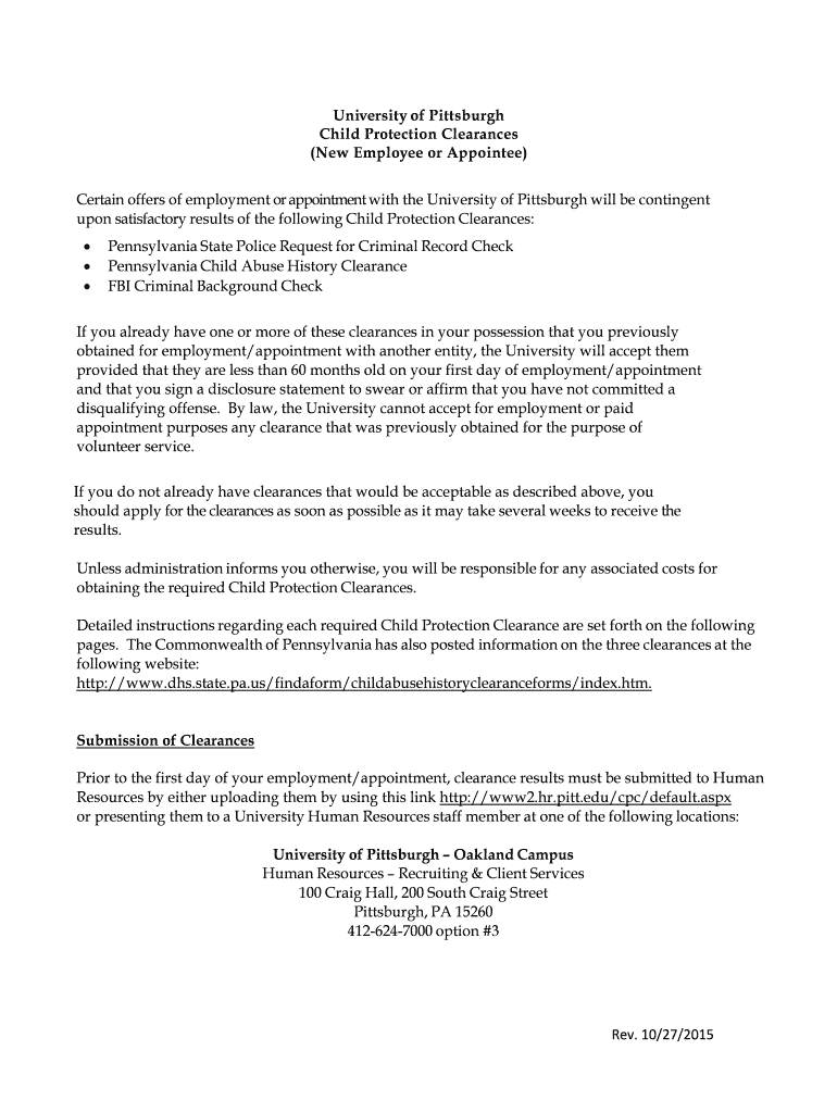 Fillable Online hr pitt Child Protection Clearance Instructions Human