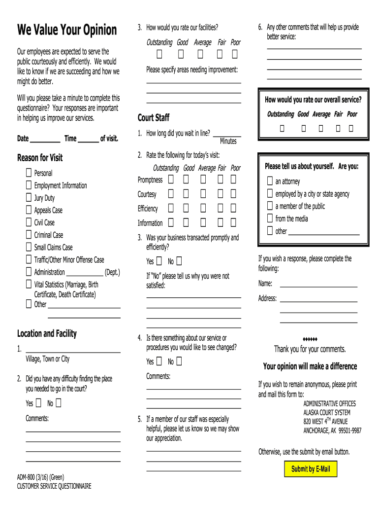 ADM-800 Customer Service Questionnaire - Alaska Court Records Preview on Page 1