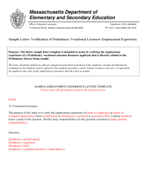 Sample Letter: Verification of Preliminary Vocational Licensure Employment Experience