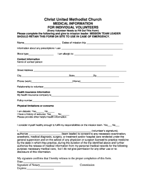 Medical Information Form for Church Volunteers