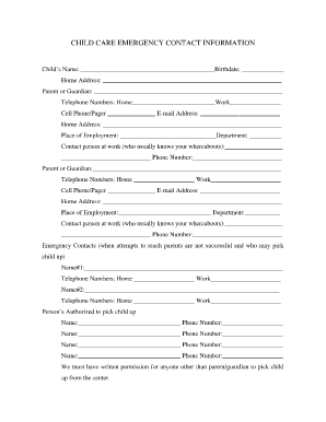 Child Care Emergency Contact Form