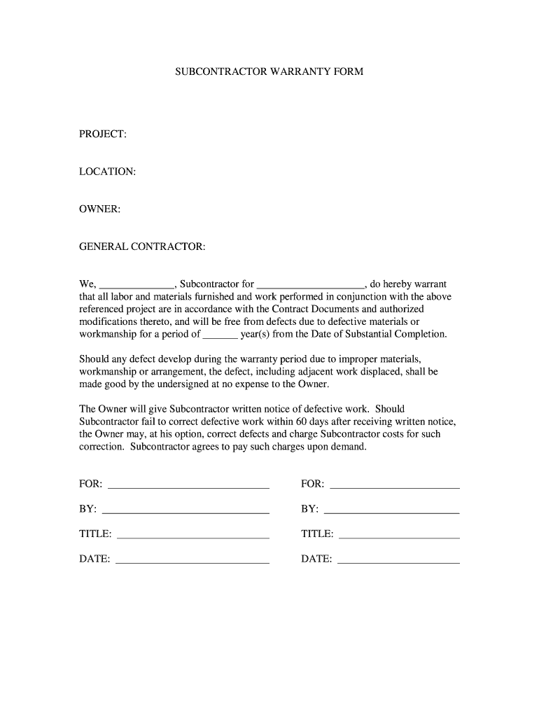 Subcontractor Warranty Form - Fill and Sign Printable Template Intended For collateral warranty agreement template