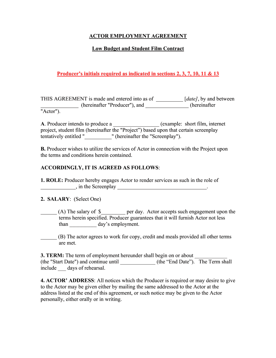 Actor Employment Agreement Form