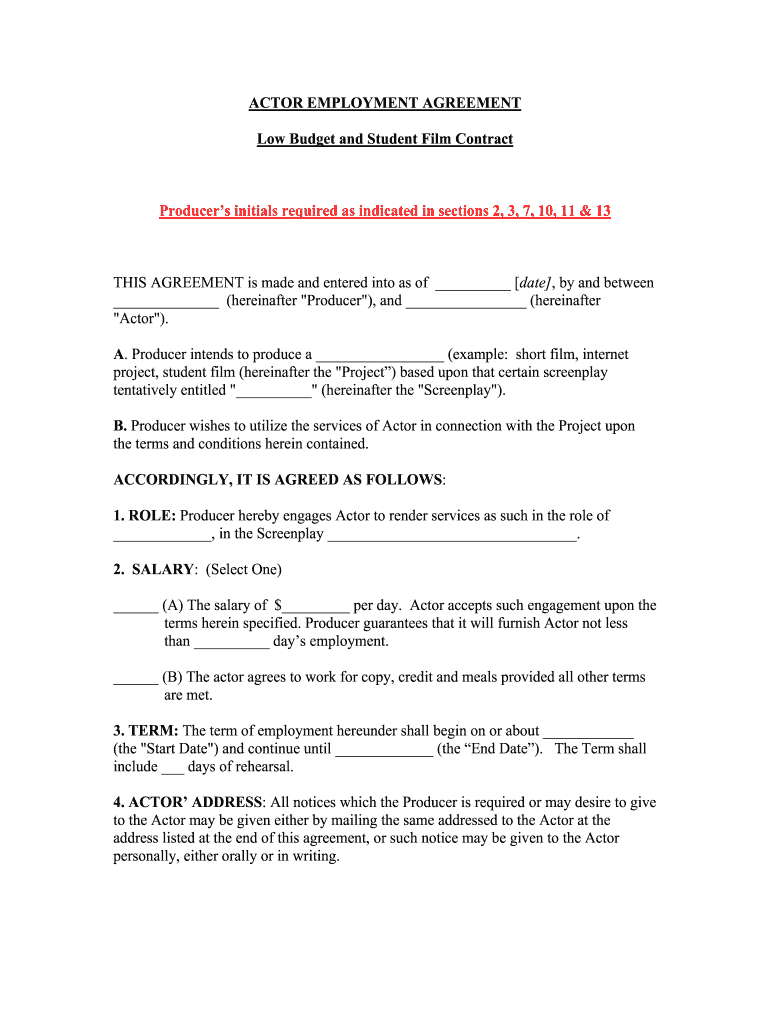 Actor Employment Agreement Fill and Sign Printable Template Online