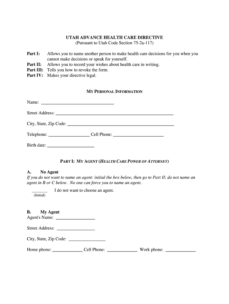Utah Advance Health Care Directive Fill Online Printable Fillable 