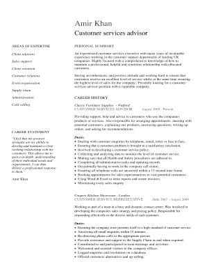 Customer services advisor CV. CV template