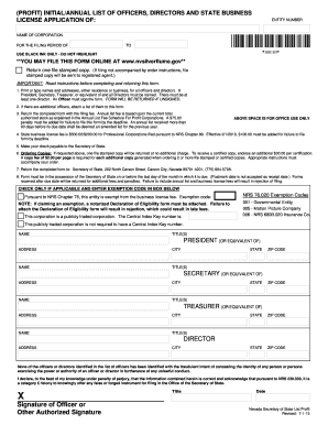 Nevada Initial/Annual List of Officers, Directors and State Business License Application