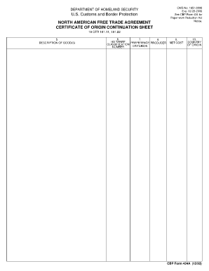 NAFTA Certificate of Origin Continuation Sheet