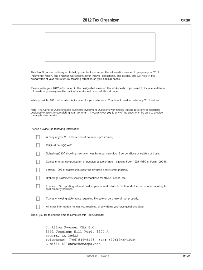 2012 tax organizer fillable form Preview on Page 1