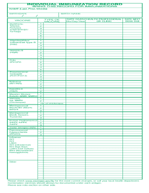 Michigan Immunization Record Form