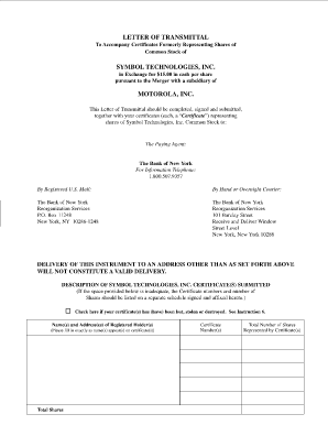 Letter of Transmittal for Symbol Technologies Merger