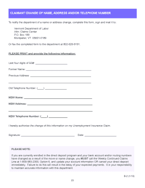 Vermont Unemployment Insurance Claimant Change Form