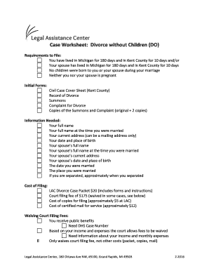 Divorce without Children Case Worksheet