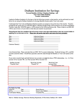 Dedham Institution for Savings Transfer Authorization