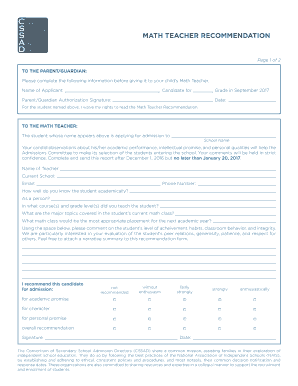 Math Teacher Recommendation Form