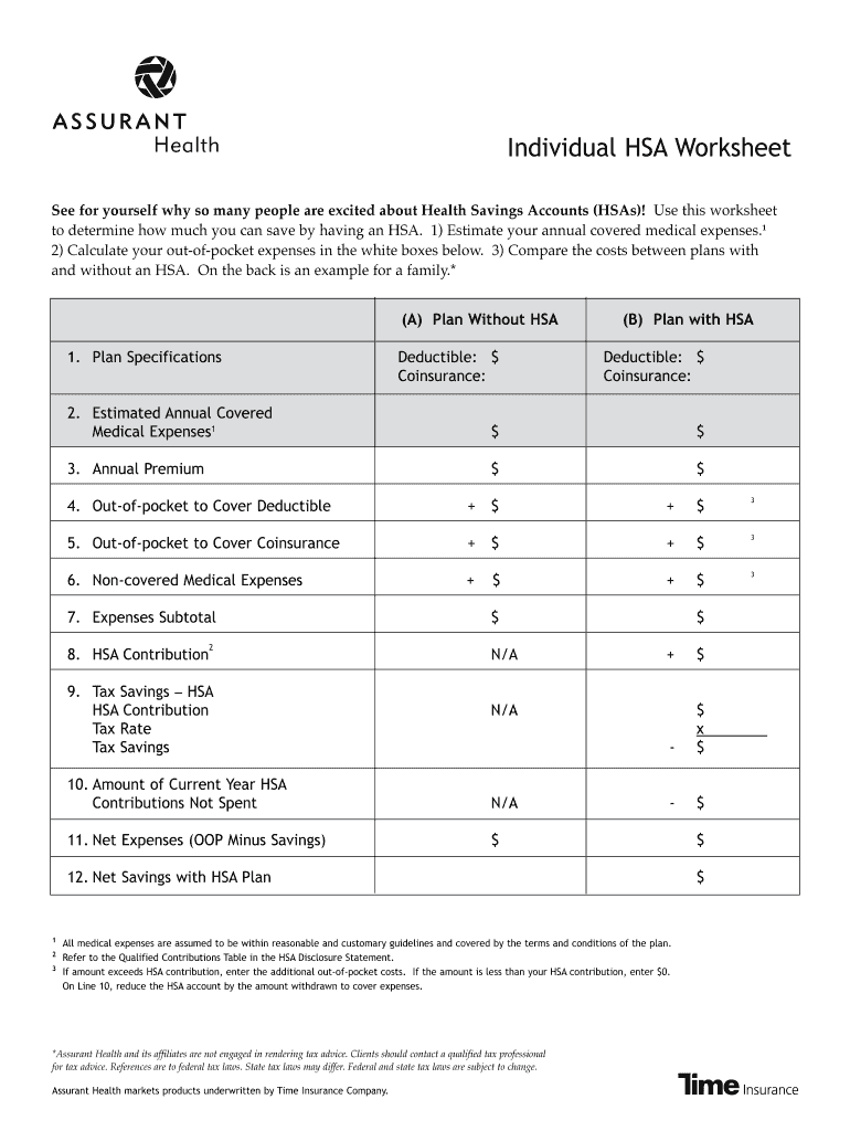 Fillable Online Individual HSA Worksheet Fax Email Print - pdfFiller