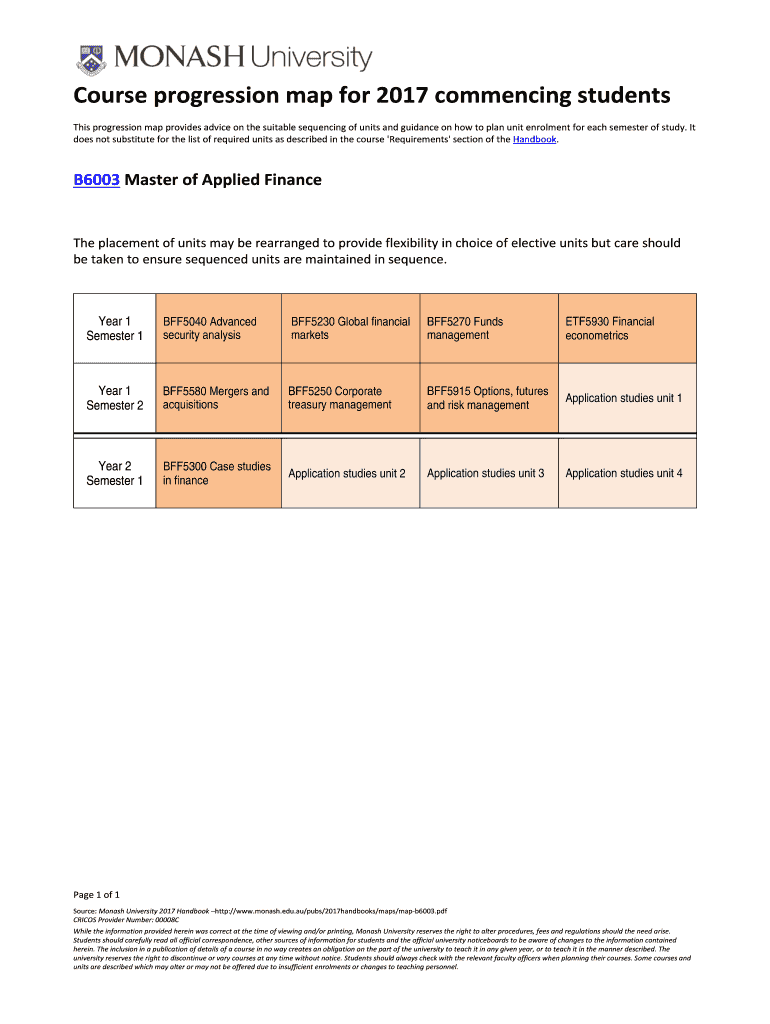 Fillable Online monash edu Course progression map for 2017 commencing
