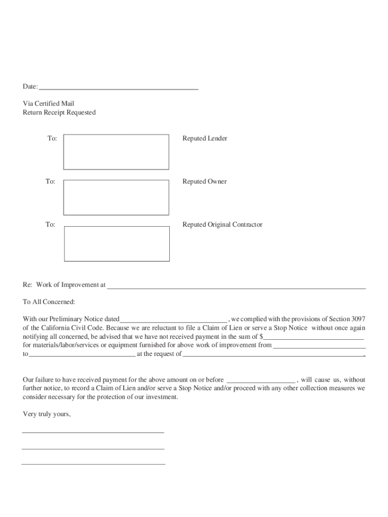 Notice Of Intent To Lien Pdf Fill Online Printable Fillable Blank 
