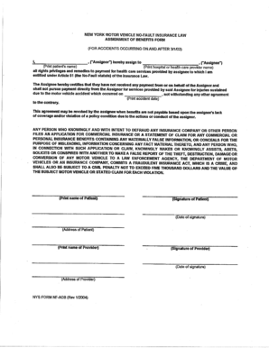 New York Motor Vehicle No-Fault Insurance Assignment of Benefits Form