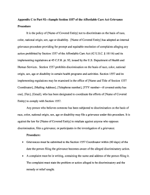 Appendix C to Part 92 Sample Section 1557 of the Affordable Care Act Grievance Procedure. Section 1557 - hhs