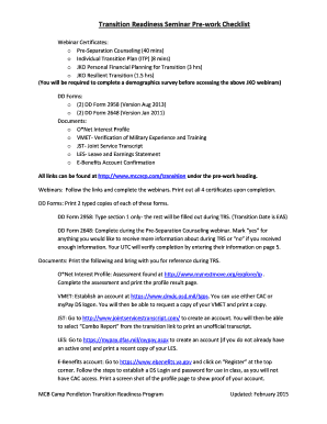 Transition Readiness Seminar Pre-work Checklist