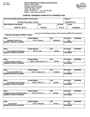 Kansas Parental Permission Form for Off-Premises Trips