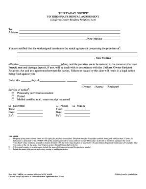 Thirty-Day Notice to Terminate Rental Agreement